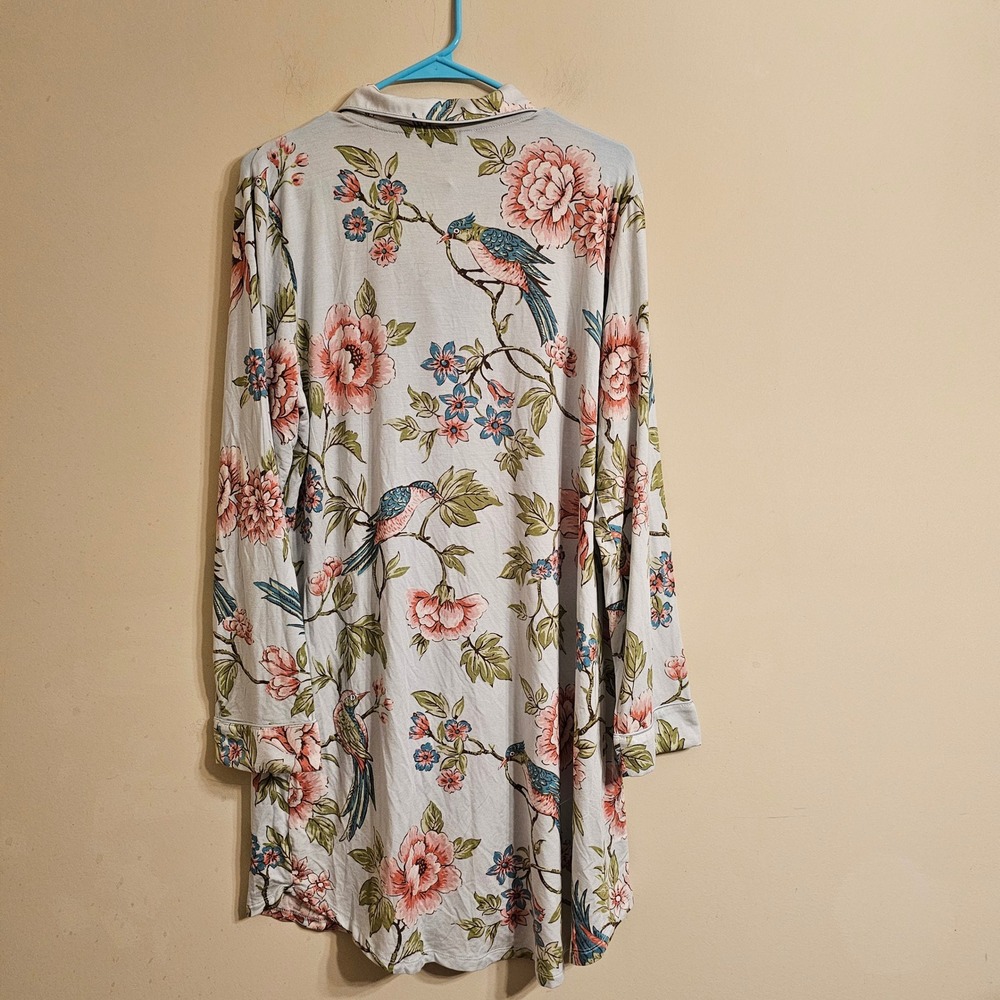 The Company Store Nightshirt Women XL Blue Floral Bird Tencel Modal Button Down - Picture 2 of 5